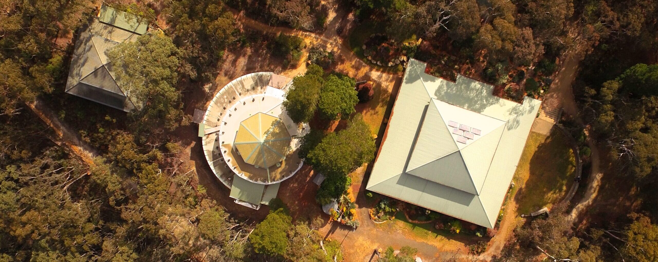 Aerial view: teacher's residence, pagoda and hall